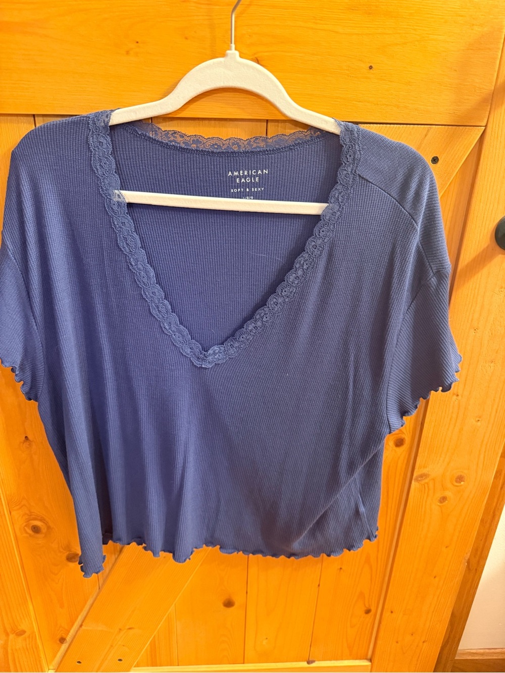 American Eagle Outfitters Navy Lace-Trim Ribbed V-Neck Crop Top